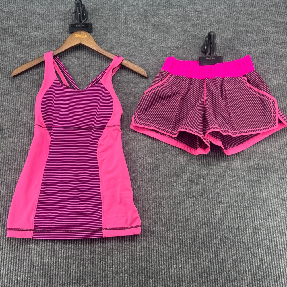 Lululemon Activewear Set Women Size 4 Pink Purple Striped Tank Shorts Excellent